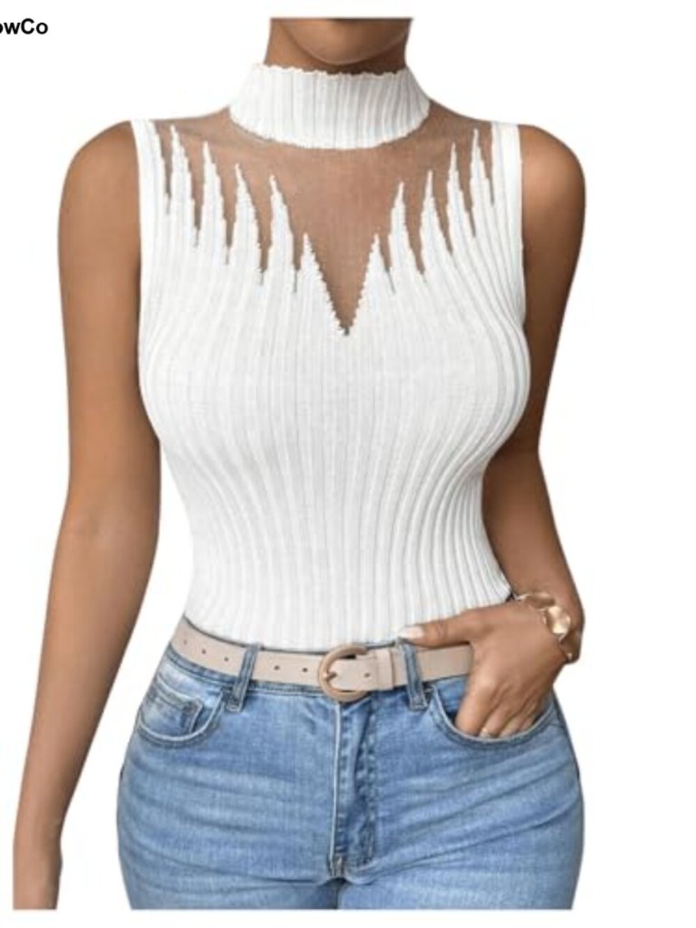 Mesh Mock Neck Sleeveless Sweater Vest Fitted Knit Tank Top